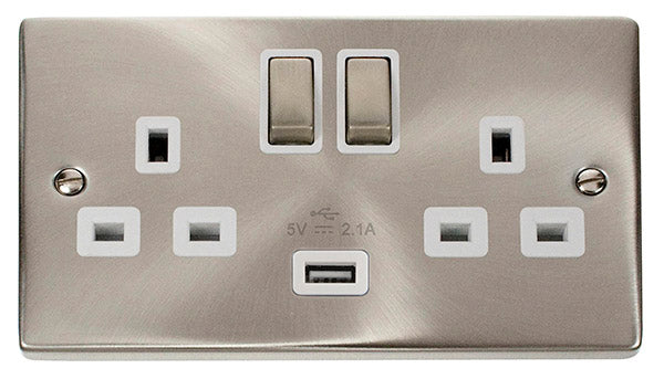 Deco Satin Chrome - 13A 2 Gang Switched Socket USB