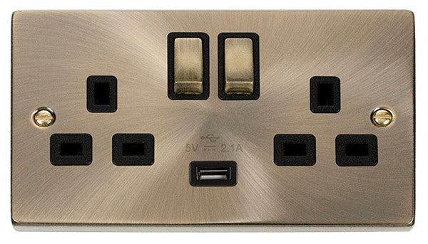 Deco Antique Brass - 13A 2 Gang Switched Socket BK insert USB