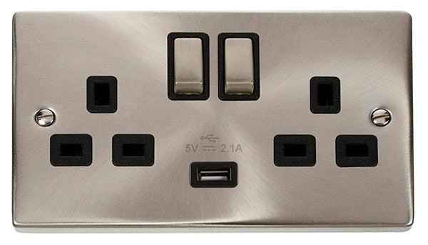 Deco Satin Chrome - 13A 2 Gang Switched Socket USB